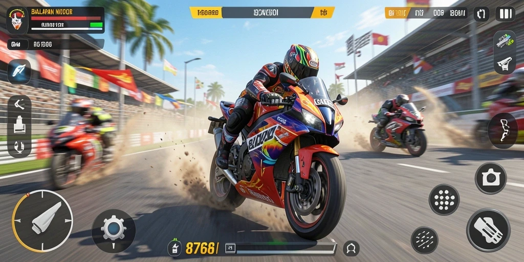 Screenshot gameplay seru dari 8768 yang penuh aksi balapan motor.
