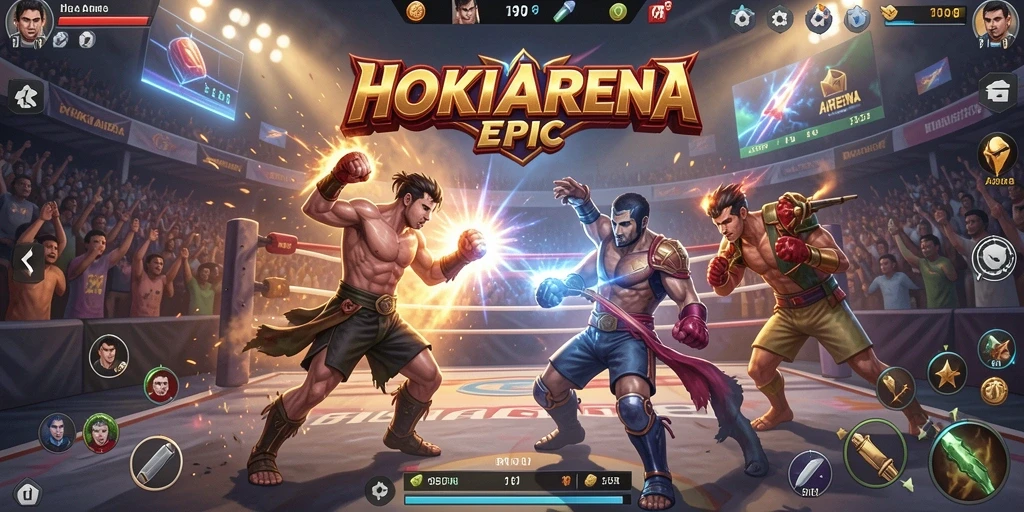 Tampilan laga seru di HOKIARENA dengan karakter bertarung.